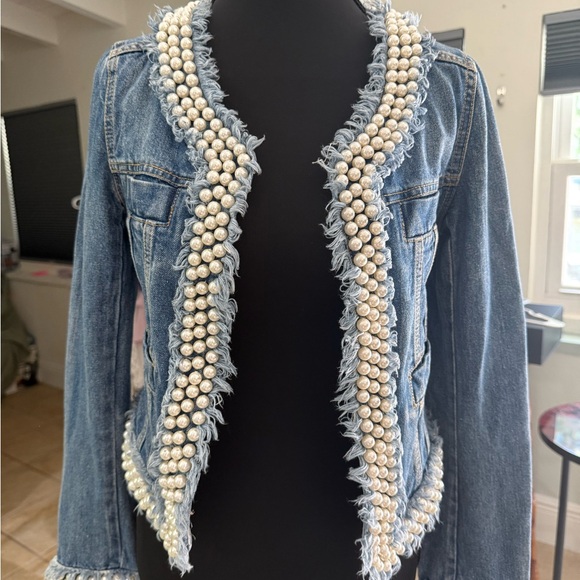 None Jackets & Blazers - Bohemian Blue and White Lace Jean Jacket